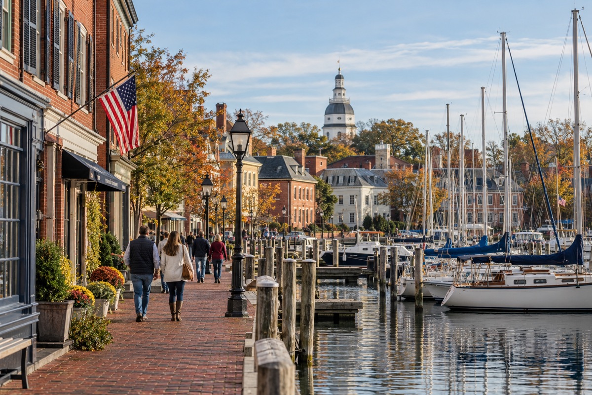 Illustrative harbor district in Annapolis, Anne Arundel County, Maryland